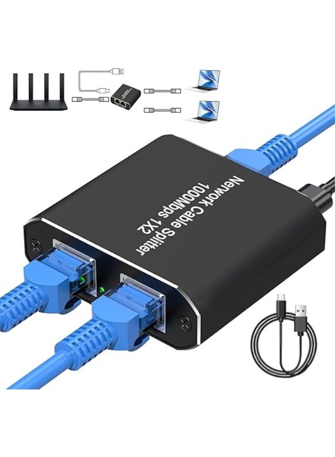 مشترك كابل شبكة (إيثرنت) 1 إلى 2 عالي السرعة - 1000 ميجابت/ثانية مع كابل طاقة USB يدعم جميع أنواع الكابلات - Image 1